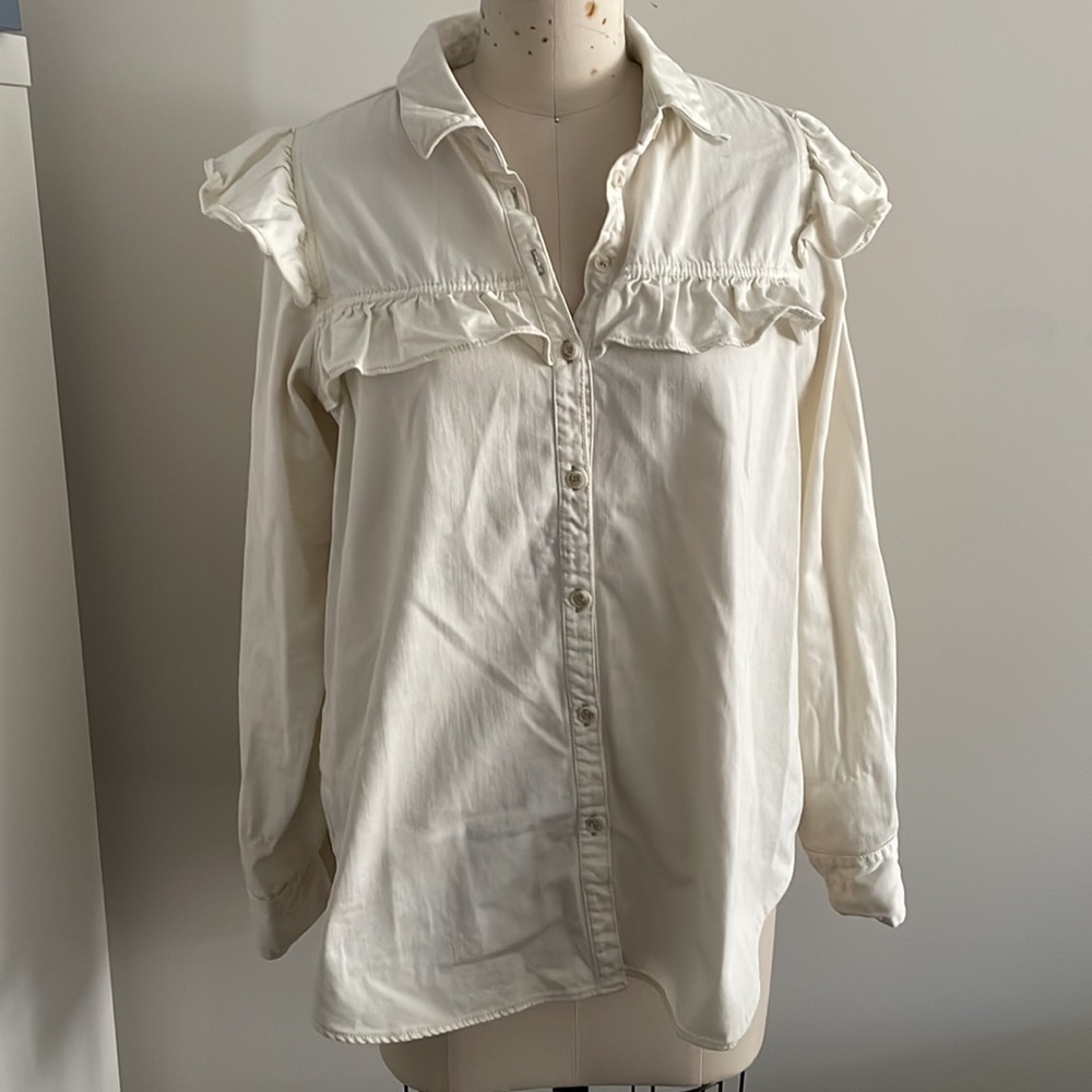 Free People White Cotton Ruffle Detail Buttondown
